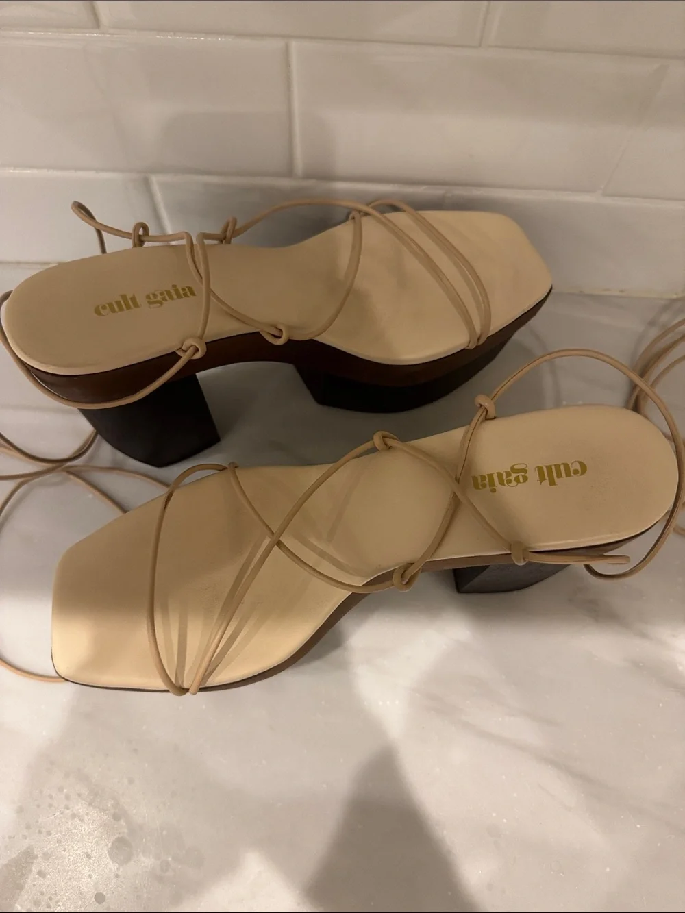 cult gaia Strappy Lace-Up Platform Sandals in Cream, Tan & Black